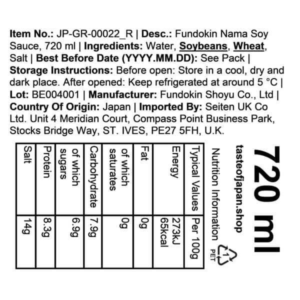 Fundokin Nama Soy Sauce, 720 ml Importer Label