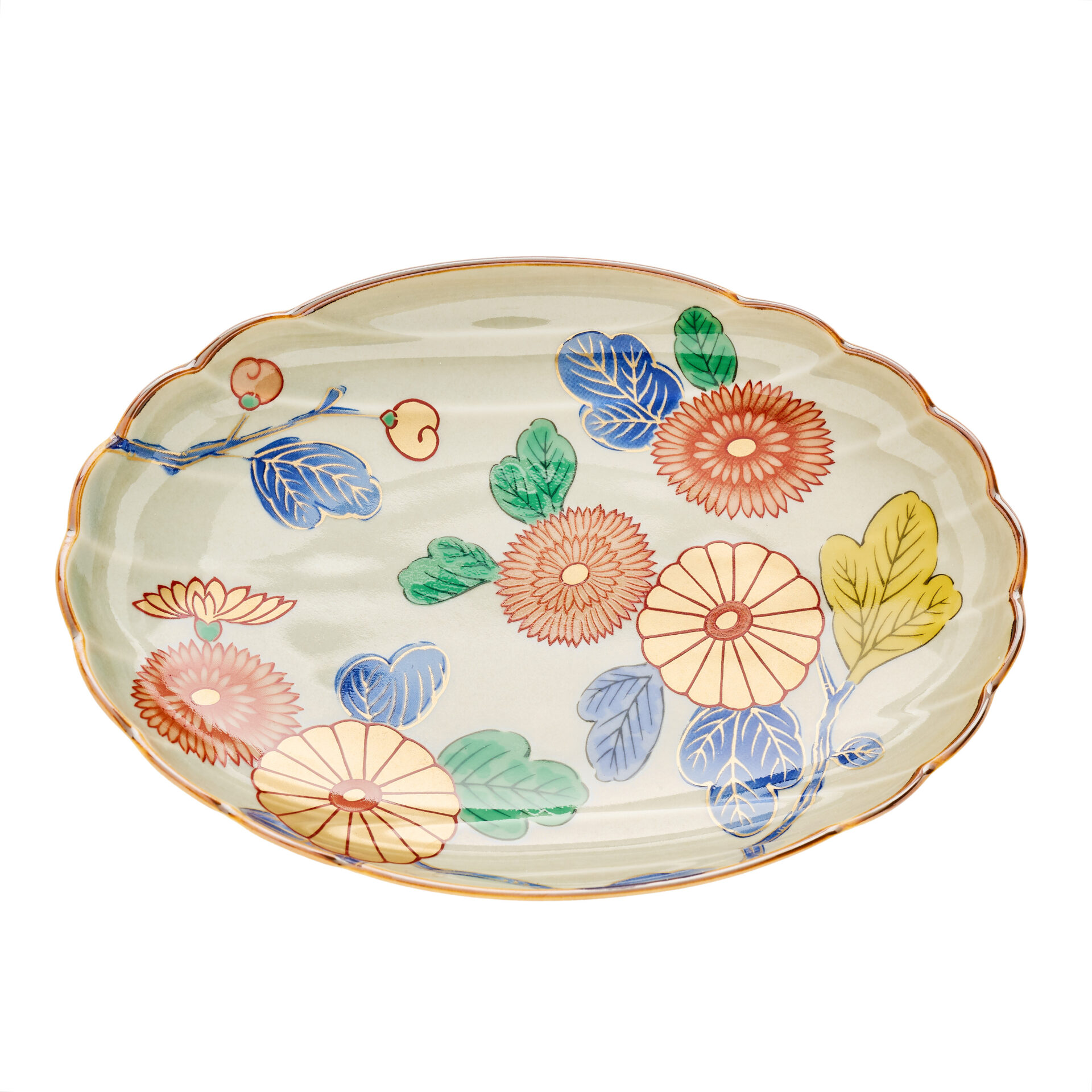 Rinkurou Kiln Ancient Imari-yaki Chrysanthemum Oval Plate 18 cm